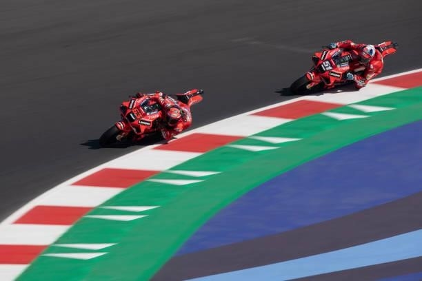 Francesco Bagnaia of Italy and Ducati Lenovo Team leads Michele Pirro of Italy and Ducati Team during the qualifying practice during the MotoGP Of...