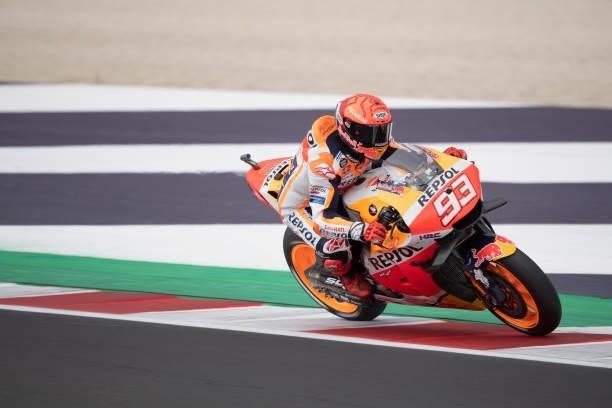 Marc Marquez of Spain and Repsol Honda Team heads down a straight during the qualifying practice during the MotoGP Of San Marino - Qualifying at...