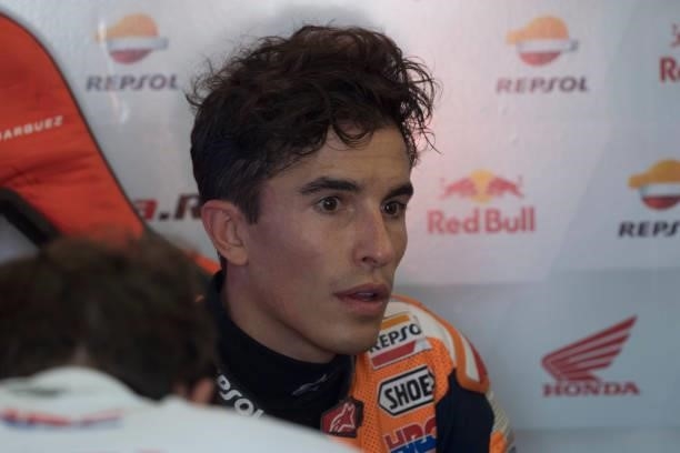 Marc Marquez of Spain and Repsol Honda Team speaks in box during the qualifying practice during the MotoGP Of San Marino - Qualifying at Misano World...