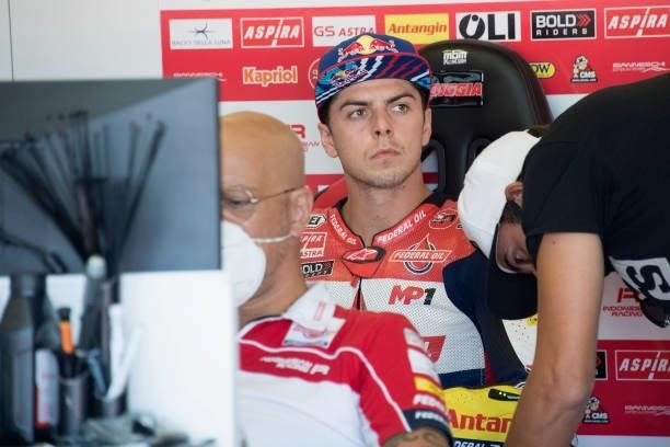 Fabio Di Giannantonio of Italy and Federal Oil Gresini Moto2 looks on in box during the qualifying practice during the MotoGP Of San Marino -...
