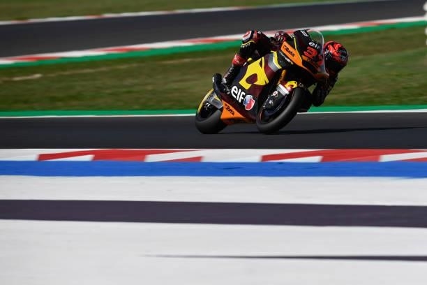 Augusto Fernandez of Spain and Elf Marc VDS Racing Team heads down a straight during the qualifying practice during the MotoGP Of San Marino -...