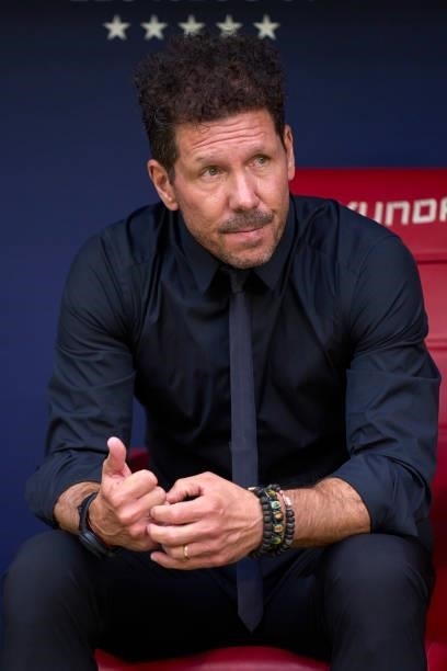 Diego Pablo Simeone head coach of Atletico de Madrid looks on prior the game during the La Liga Santander match between Club Atletico de Madrid and...