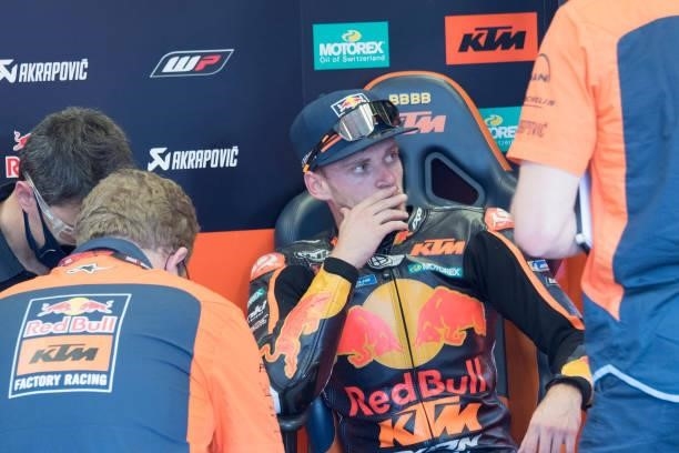 Brad Binder of South Africa and Red Bull KTM Factory Racin looks on in box during the qualifying practice during the MotoGP Of San Marino -...