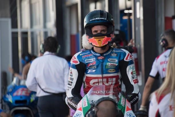 Alex Marquez of Spain and LCR Honda Castrol looks on in pit during the qualifying practice during the MotoGP Of San Marino - Qualifying at Misano...