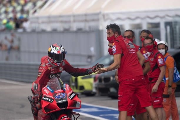 Jack Miller of Australia and Ducati Lenovo Team celebrates with mechanics the second place in MotoGp during the qualifying practice during the MotoGP...