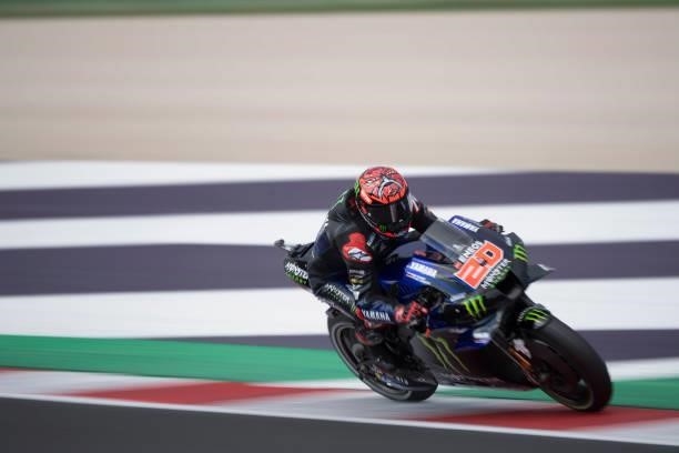 Fabio Quartararo of France and Monster Energy Yamaha MotoGP Team heads down a straight during the qualifying practice during the MotoGP Of San Marino...
