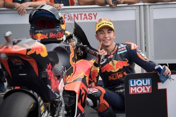 Raul Fernandez of Spain and Red Bull KTM Ajo celebrates the Moto2 pole position during the qualifying practice during the MotoGP Of San Marino -...