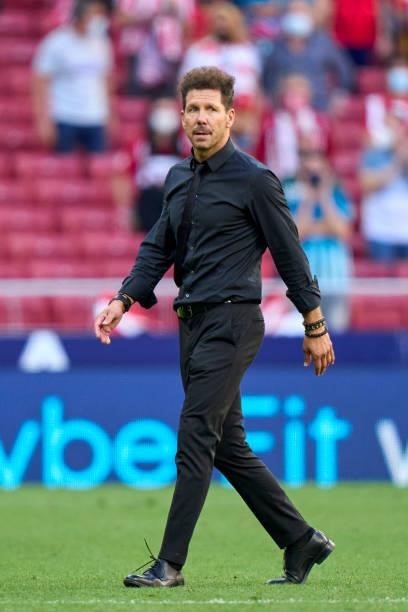Diego Pablo Simeone head coach of Atletico de Madrid looks on after the game during the La Liga Santander match between Club Atletico de Madrid and...