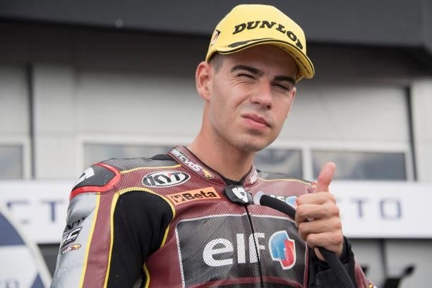Augusto Fernandez of Spain and Elf Marc VDS Racing Team celebrates the third place during the Moto2 qualifying practice during the MotoGP Of San...