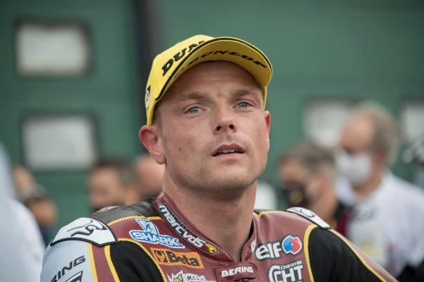 Sam Lowes of Great Britain and Elf Marc VDS Racing Team looks on and celebrates the Moto2 second place during the qualifying practice during the...
