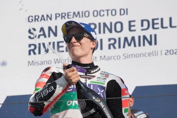 Mattia Casadei of Italy and Ongetta Sic58 SquadraCorse celebrates on the podium during the MotoE race 1 during the MotoGP Of San Marino - Qualifying...