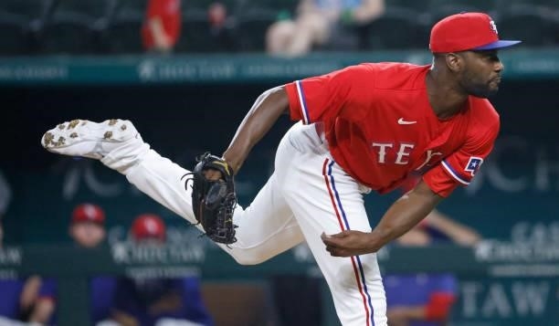 Taylor Hearn of the Texas Rangers pitches against the Chicago White Sox during the first inning at Globe Life Field on September 17, 2021 in...