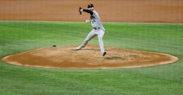 Dylan Cease of the Chicago White Sox pitches against the Texas Rangers during the second inning at Globe Life Field on September 17, 2021 in...