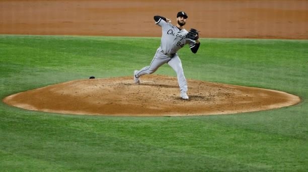 Dylan Cease of the Chicago White Sox pitches against the Texas Rangers during the second inning at Globe Life Field on September 17, 2021 in...