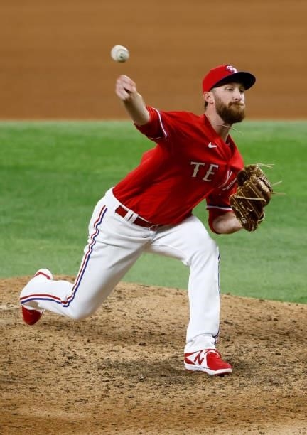 Spencer Patton of the Texas Rangers pitches against the Chicago White Sox during the seventh inning at Globe Life Field on September 17, 2021 in...