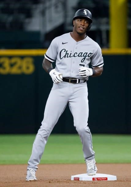 Tim Anderson of the Chicago White Sox reacts after hitting a lead-off double against the Texas Rangers during the first inning at Globe Life Field on...
