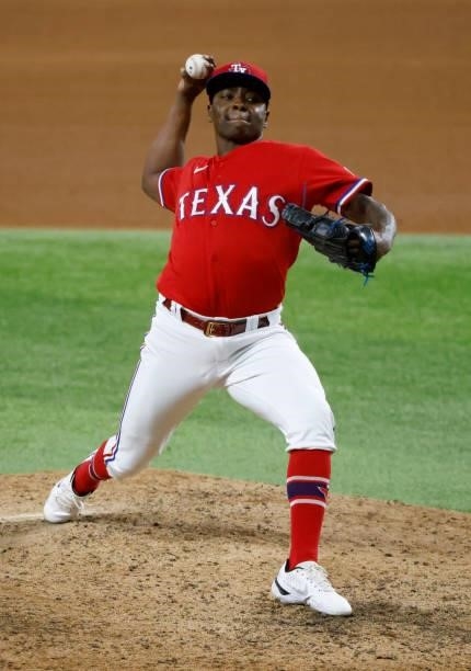 Jharel Cotton of the Texas Rangers pitches against the Chicago White Sox during the fourth inning at Globe Life Field on September 17, 2021 in...