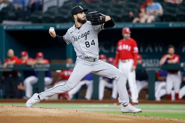Dylan Cease of the Chicago White Sox pitches against the Texas Rangers during the first inning at Globe Life Field on September 17, 2021 in...