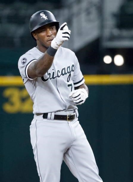 Tim Anderson of the Chicago White Sox reacts after hitting a lead-off double against the Texas Rangers during the first inning at Globe Life Field on...