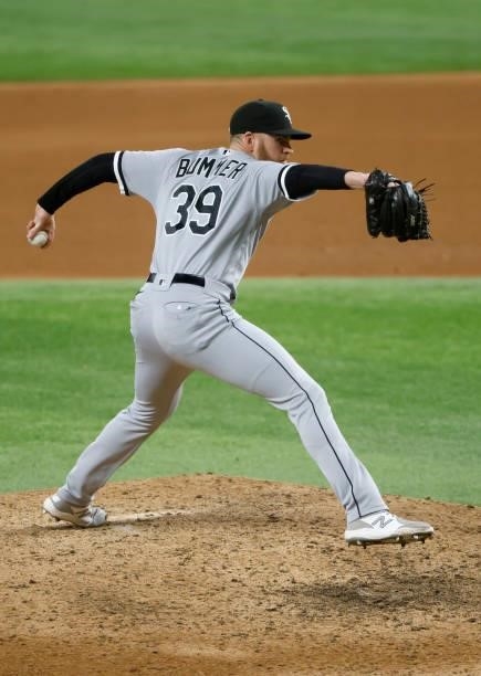 Aaron Bummer of the Chicago White Sox pitches against the Texas Rangers during the sixth inning at Globe Life Field on September 17, 2021 in...