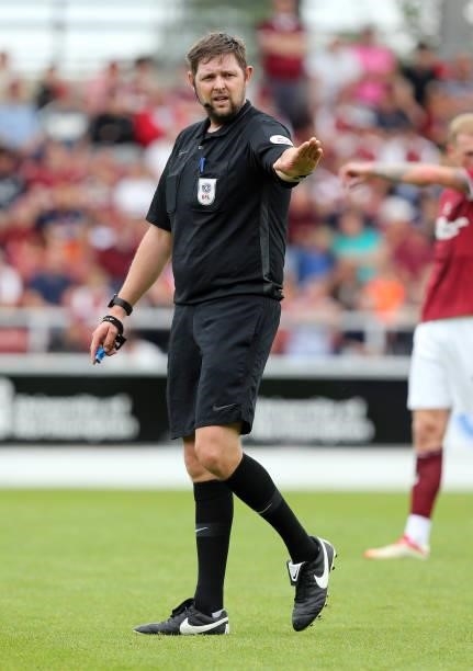 Referee Brett Huxtable in action during the Sky Bet League Two match between Northampton Town and Swindon Town at Sixfields on September 18, 2021 in...
