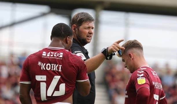 Referee Brett Huxtable in action during the Sky Bet League Two match between Northampton Town and Swindon Town at Sixfields on September 18, 2021 in...