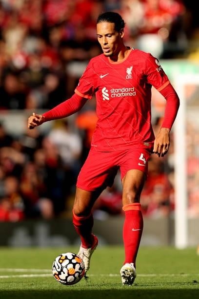 Virgil van Dijk of Liverpool on the ball during the Premier League match between Liverpool and Crystal Palace at Anfield on September 18, 2021 in...