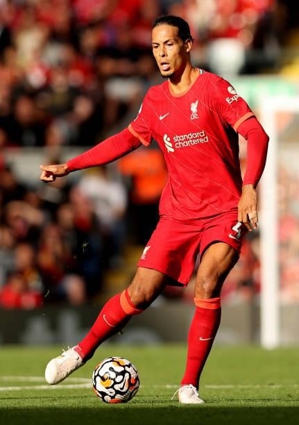 Virgil van Dijk of Liverpool on the ball during the Premier League match between Liverpool and Crystal Palace at Anfield on September 18, 2021 in...