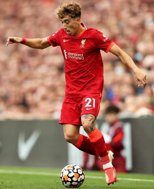 Kostas Tsimikas of Liverpool on the ball during the Premier League match between Liverpool and Crystal Palace at Anfield on September 18, 2021 in...