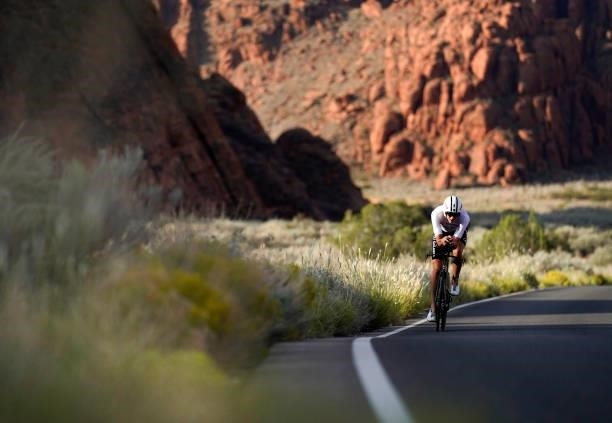 Magnus Ditlev of Switzerland competes in the Men's bike leg during the IRONMAN 70.3 World Championship on September 18, 2021 in St George, Utah.