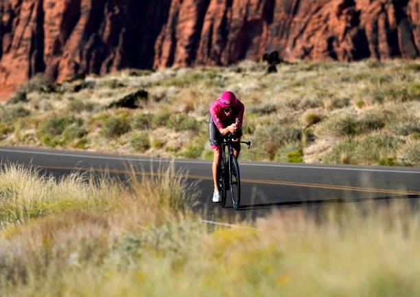 Sam Long of the United States competes in the Men's bike leg during the IRONMAN 70.3 World Championship on September 18, 2021 in St George, Utah.