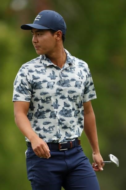 Justin Suh walks on the 13th hole during round three of the Fortinet Championship at Silverado Resort and Spa on September 18, 2021 in Napa,...