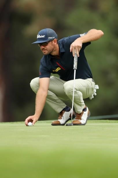 Lanto Griffin lines up his putt on the 13th hole during round three of the Fortinet Championship at Silverado Resort and Spa on September 18, 2021 in...