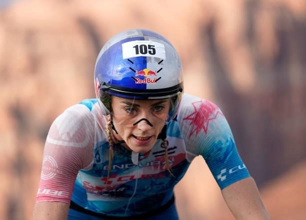 Lucy Charles-Barclay of England competes in the Women's Pro bike leg during the IRONMAN 70.3 World Championship on September 18, 2021 in St George,...