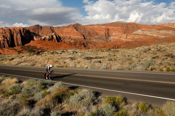 Athletes compete in the Men's bike leg during the IRONMAN 70.3 World Championship on September 18, 2021 in St George, Utah.