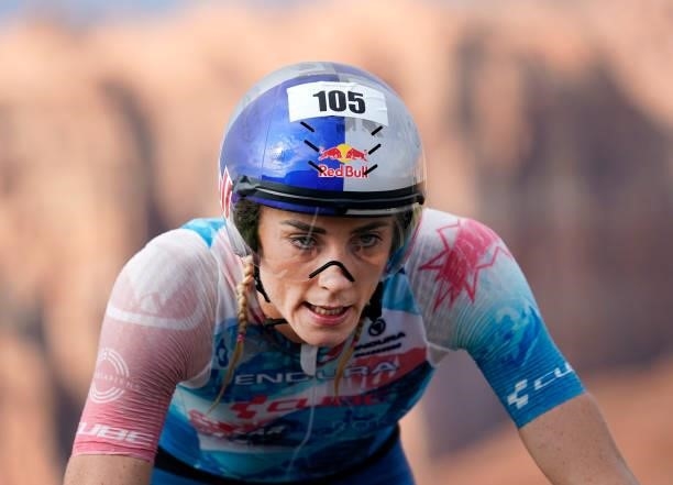 Lucy Charles-Barclay of England competes in the Women's Pro bike leg during the IRONMAN 70.3 World Championship on September 18, 2021 in St George,...