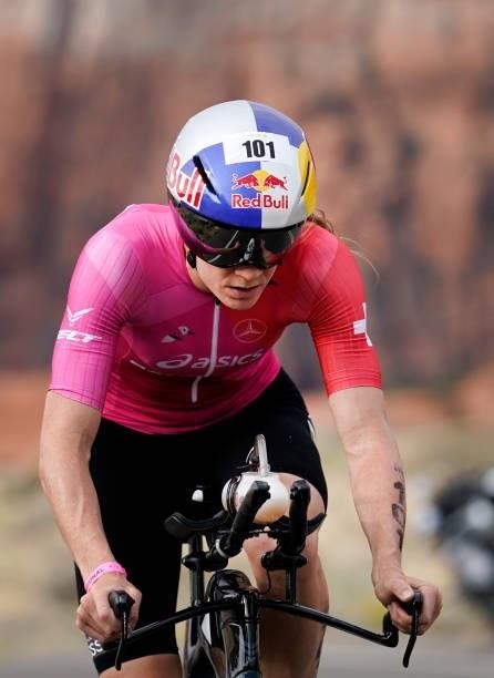 Daniela Ryf of Switzerland competes in the Women's Pro bike leg during the IRONMAN 70.3 World Championship on September 18, 2021 in St George, Utah.