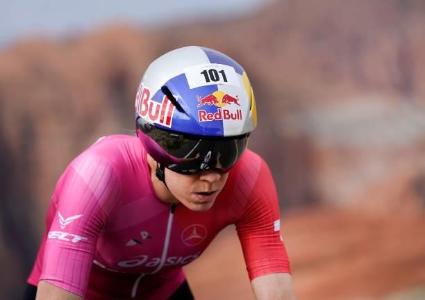 Daniela Ryf of Switzerland competes in the Women's Pro bike leg during the IRONMAN 70.3 World Championship on September 18, 2021 in St George, Utah.