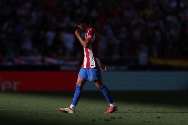 Joao Felix of Atletico de Madrid leaves the pitch after receiving a red card during the La Liga Santander match between Club Atletico de Madrid and...