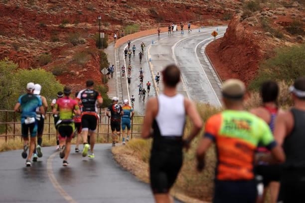 Competitors compete in the Men's runing leg during the IRONMAN 70.3 World Championship on September 18, 2021 in St George, Utah.