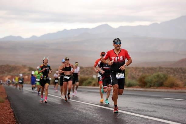 Competitors compete in the Men's runing leg during the IRONMAN 70.3 World Championship on September 18, 2021 in St George, Utah.
