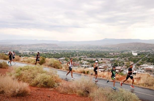 Competitors compete in the running leg during the IRONMAN 70.3 World Championship on September 18, 2021 in St George, Utah.