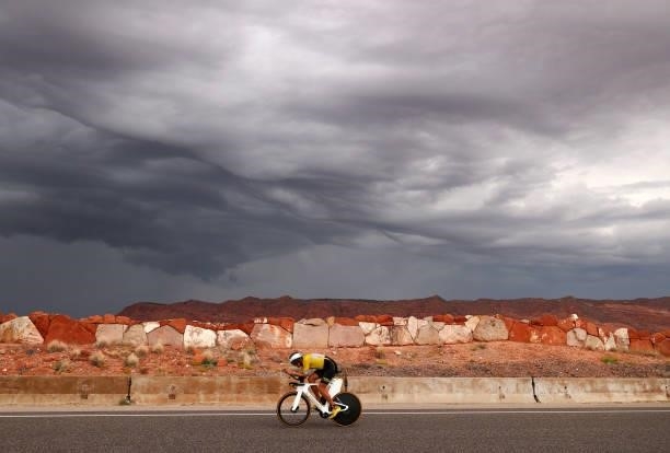 Competitors compete in the bike leg during the IRONMAN 70.3 World Championship on September 18, 2021 in St George, Utah.