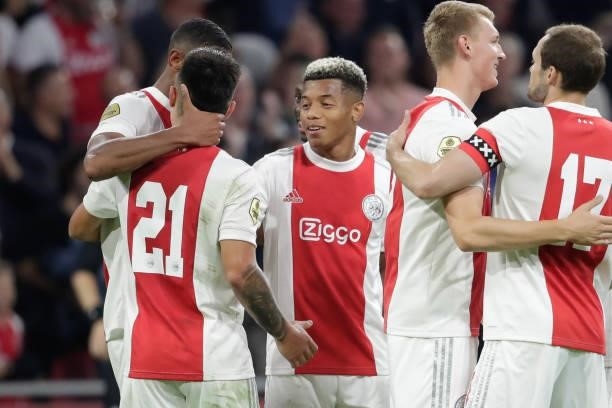 Sebastien Haller of Ajax celebrates his goal with Lisandro Martinez of Ajax, David Neres of Ajax during the Dutch Eredivisie match between Ajax and...