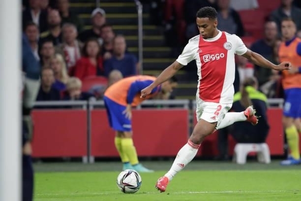 Jurrien Timber of Ajax during the Dutch Eredivisie match between Ajax and SC Cambuur at Johan Cruijff ArenA on September 18, 2021 in Amsterdam,...
