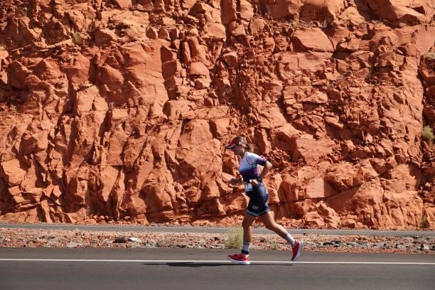 Athletes compete during the running leg during the IRONMAN 70.3 World Championship on September 18, 2021 in St George, Utah.