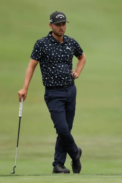 Adam Svensson stands on the 12th hole during round three of the Fortinet Championship at Silverado Resort and Spa on September 18, 2021 in Napa,...