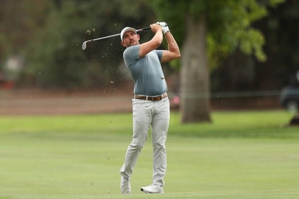 Scott Stallings hits from the fairway on the 12th hole during round three of the Fortinet Championship at Silverado Resort and Spa on September 18,...