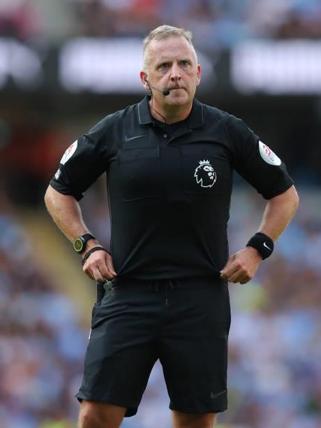 Referee, Jonathan Moss looks on during the Premier League match between Manchester City and Southampton at Etihad Stadium on September 18, 2021 in...