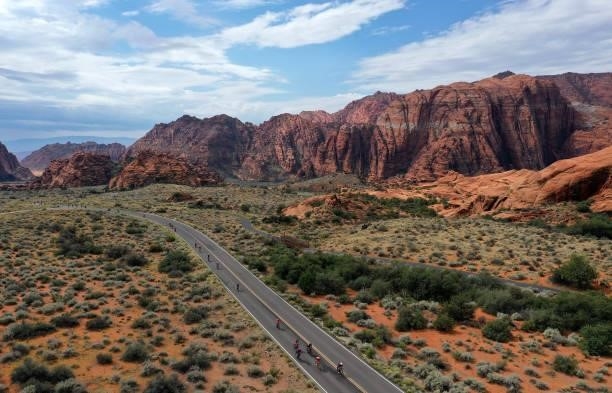 Athletes ride through Snow Canyon State Park during the IRONMAN 70.3 World Championship on September 18, 2021 in St George, Utah.